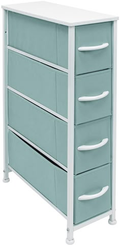 a white and blue dresser with drawers on each side, one drawer is open to show the