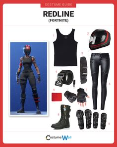 the costume guide for redline fortnite is shown in black and features knee pads,