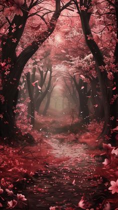 a red forest filled with lots of trees and flowers