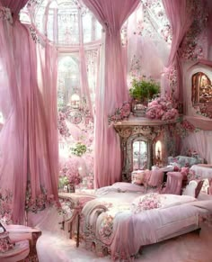 a bedroom decorated in pink and white with lots of flowers on the bed, windows, and curtains