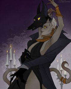 an image of a woman dressed in black and holding a cat on her arm with candles behind her