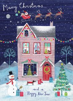 a christmas card with a snowman in front of a house