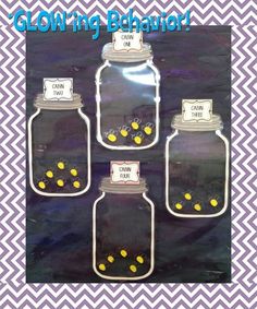 four mason jars with yellow flowers in them and the words glowing behavior on each jar