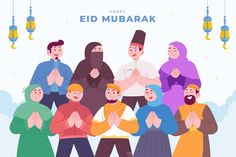 people are standing together and praying for eid mubarak on the occasion of muslim holiday