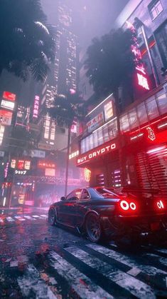 a car driving down a city street at night with neon lights on the buildings and palm trees