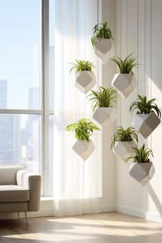 four hanging planters with plants in them on the wall next to a couch and window