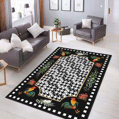 a living room with two couches and a rug on the floor in front of it