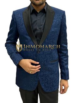 Black satin peak collar 2 button blazer made in blue color polyester jacquard fabric. Cost includes one blazer only. Blazer Buttons, Jacquard Fabric, Sports Jacket, Black Blazers, Black Satin, Blue Man, Blue Color, Satin, Blazer