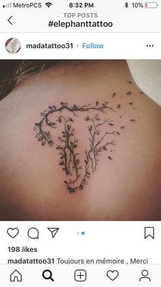 the back of a woman's neck with flowers and leaves on her left side