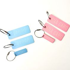 This listing is for THREE personalized engraved acrylic tags in the color of your choice with a metal luggage tag holder. Two large, one small. Our tags are the perfect way to label your kids school back packs water bottles and lunch bags but they are also great to identify luggage, work bags, diaper bags, baby bottles (with a loop for the metal string)etc.  The size of the large tag is about 1.5 X 3 inches. The size of the smaller tag is .7 x 2 inches.  The size of the name engraving out will vary depending on the length of the name.  ALL TAGS WILL BE THE SAME COLOR AND SAME PERSONALIZATION. IF YOU WANT INDIVIDUAL TAGS, PLEASE FIND THEM IN OUR SHOP.  Please enter your personalization in the personalization box at check out. Please enter first name or last name. Please note the name can no Metal Luggage, Sports Bag Tags, Acrylic Tags, Personalized Bag Tags, Tag Name, Engraved Acrylic, Backpack Tags, Tag Holder, Diy Tags