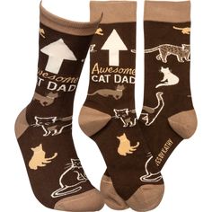 Treat the cat dad in your life to a staple he will love with these funny cat dad socks! Featuring the words "Awesome Cat Dad", these cat socks are both fun and functional, making them the best cat themed gift for men. Whether it's Christmas, Father's Day or his birthday, these cat dad socks are sure to be a hit! Made of soft cotton blend, these cat socks come in One Size that fits most (covering shoe sizes 6 to 12.5). Suitable for work shoes, boots and sneakers, they are comfortable and fun to w Dad Socks, Brown Socks, Cat Dad Gifts, Cat Themed Gifts, Fun Socks, Sock Drawer, Cat Socks, Primitives By Kathy, Cat Themed