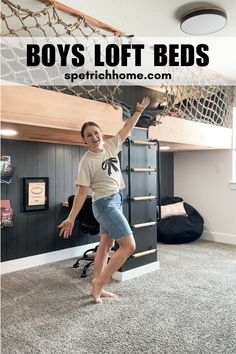 a boy standing on top of a bunk bed next to a basketball net with the words boys loft beds above it