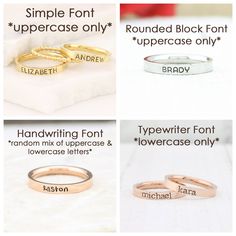 "PRICE IS FOR ONE RING. IF YOU WANT A SET OF RINGS AS PICTURED, YOU MUST PURCHASE MULTIPLE RINGS. SPACER RINGS ARE NOT FREE AND THEY ARE NOT INCLUDED WITH THE PURCHASE OF A NAME RING. YOU MUST ALSO PURCHASE THEM! If you are a size 5, 5.5, 6, or 6.5 and you plan on stacking 2 or more name rings, I recommend going up one size, as the more rings you stack the tighter they will fit your finger. For the BRAND NEW Dainty stacking birthstone rings to pair with these rings, please purchase from the link Modern Adjustable Stackable Rings For Anniversary, Modern Personalized Adjustable Stackable Rings, Modern Stackable Toe Rings For Gifts, Modern Personalized Round Band Jewelry, Customizable Couples Jewelry For Anniversary, Personalized Couples Jewelry, Customizable Initial Open Ring For Promise, Stackable Promise Rings With Meaningful Style, Personalized Modern Round Band Rings