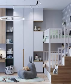 a bedroom with bunk beds, bookshelves and toys on the floor in front of it