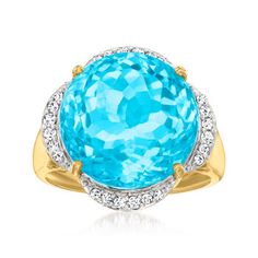 Ross-Simons - 11.00ct Swiss Blue Topaz, .18ct t. w. Diamond Ring Round Cut in 14kt Yellow Gold. Size 9. It takes an especially daring wearer to flaunt a gemstone as breathtaking as this 11.00 carat Swiss blue topaz! If you think you have what it takes, try our ring that features the impressive gem sided by .18 ct. t. w. diamonds in white rhodium. Set in 14kt yellow gold. 5/8" wide. Diamond and Swiss blue topaz ring. Diamond Ring Round, Swiss Blue Topaz Ring, Swiss Blue Topaz, Blue Topaz Ring, Topaz Ring, Blue Topaz, Round Cut, Topaz, Diamond Ring