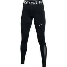 Nike Pro Women Long Tights - Black Stretch, run or compete in the Nike Pro Cool Tights. The striking silhouette shows your strength while sweat-wicking technology helps keep you dry and comfortable. An elastic waistband with bold "NIKE PRO" graphics personalizes the fit as mesh panels help keep you cool. Nike Pro fabric combines with Dri-FIT technology to help keep you cool, dry and comfortable. Mesh panels at the lower legs improve ventilation. The redesigned waistband is thicker with a bold "N Cool Tights, Nike Pro Women, Bday Wishlist, Nike Pros, Black Tights, Black Stretch, Dri Fit, Elastic Waistband, Tights