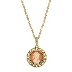 This vintage-inspired gold tone cameo necklace will be a year round favorite. This vintage-inspired gold tone cameo necklace will be a year round favorite. Clasp: lobster claw Alloy Chain length: 16 in. + 3-in. extender Plating: gold tone Finish: polished Material: acrylic Pendant length: 1.6 in. Not appropriate for children 14 years old and younger. Size: One Size. Color: Orange. Gender: female. Age Group: adult.