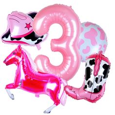 PRICES MAY VARY. WESTERN PARTY BALLOONS| 5 PCS PACK: 1 x 32" pink number 3 balloon, 1 x 29" pink horse balloon, 1 x 20" cowgirl hat balloon, 1 x 22* cowgirl boot balloon, 1 x 18" cow print balloon, 1 x 32ft ribbon, 1 x straw. ALL IN ONE DESIGN |WESTERN THEME BALLOONS: Mainly in pink colors, combine birthday and wild west yee haw elements, fashionable and fun, full of rodeo atmosphere, stylish western cowgirl birthday balloons. WIDE OCCASSIONS | COWGIRL PARTY DECOR: The pink rodeo balloons, amazing for girls 3rd birthday party, disco cowgirl birthday party, western cowgirl theme party, highland cow party, farm birthday party, last rodeo birthday party, western party decorations, lets go girls party decorations. STURDY MATERIAL | EASY ASSEMBLY: The girls 3rd birthday balloons, made of sturdy Rodeo Birthday Party Decorations, Cowgirl Balloons, Cowgirl Decorations, First Birthday Decorations Girl, Cowboy First Birthday, Rodeo Birthday Party, 2 Balloon, Pink First Birthday