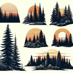 different types of trees and sunsets on a white background