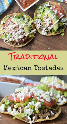 mexican tostadas are loaded with meat, lettuce and tomato sauces