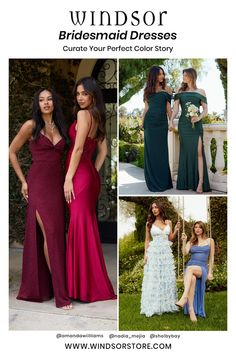 three women in dresses with the words windsor bridesmaid dresses, and two photos of them