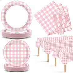 pink gingham checkered table cloths and plates