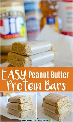 peanut butter protein bars stacked on top of each other with the words easy peanut butter protein bars