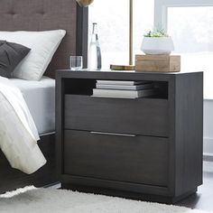 a bedroom with a bed, night stand and nightstand