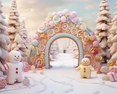 there is a christmas scene with gingerbread man and snowman in the foreground