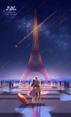 two people standing in front of the eiffel tower at night with their backs to each other