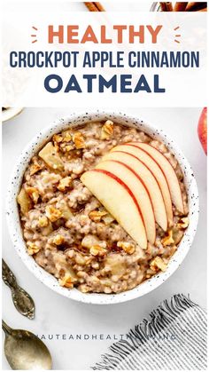 healthy crockpot apple cinnamon oatmeal recipe in a bowl with apples