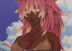 an animated image of a woman with pink dreadlocks on her head and chest