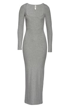 A classic everyday style, this square-neck maxi dress in ribbed stretch modal from Kim Kardashian's SKIMS hugs your body with relaxed comfort. 56" length (size Medium) Slips on over head Square neck Long sleeves Unlined 91% modal, 9% spandex Machine wash, dry flat Imported Fitted Maxi Dress For Fall Loungewear, Fitted Maxi Dress For Loungewear, Long Sleep Dress, Jamie King, Grey Maxi, Grey Midi Dress, Moda Paris, Grey Maxi Dress, Bodycon Maxi Dresses