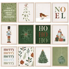 twelve christmas cards with nutcrackers, trees and decorations