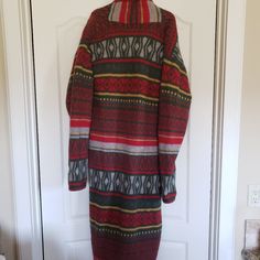 Wow Long Sweater Cardigan Jacket Indian Blanket Cover 100% Wool (Showing Some Wear Found 2 Holes Not Noticible But There) Vintage Made In Hong Kong Tag Intuition Sport Colors Gorgeous, Red Green Gray Yellow (Mustard) 2 Pockets Front Big Brown Like Leather Not Sure Buttons Native American/ South Western Aztec Design Size L Large (Vintage Size Runs Usually Small) Hard To Measure Let Me Know How I Can Help Under Arm To Under ~23-24 Shoulder To S Seam~20 Sleeve Top ~29" Under ~23" Height ~51" Long Sweater Cardigan, Vintage Hong Kong, Western Aztec, Indian Blankets, Blanket Cover, Aztec Design, Aztec Designs, Yellow Mustard, Long Sweater