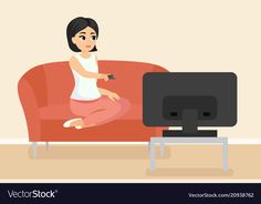 a woman sitting on a couch watching tv and holding a remote control in her hand