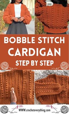 a woman wearing an orange cardigan with text that reads,'bobble stitch cardigan step by step '