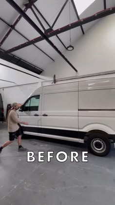 a man is walking in front of a white van with the words before written on it