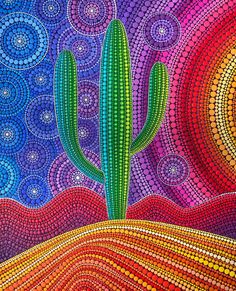 a painting of a cactus in front of a colorful sky with circles and swirls