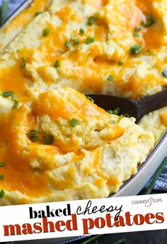 a casserole dish filled with mashed potatoes and topped with green chives