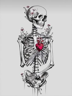 a drawing of a skeleton with a heart on it's chest and flowers growing out of its back