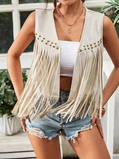 Fringe Trim Open Front Vest Summer Jacket Apricot Boho  Sleeveless Woven Fabric Plain vest Non-Stretch  Women Clothing, size features are:Bust: ,Length: ,Sleeve Length: Cheap Fringed Tops For Vacation, Cheap Chic Fringe Tops, Cheap Distressed Summer Vest, Glitter Fringe Vest, Macreme Vest, Macrame Vest Pattern Free, Cowboy Gilet, Gilet Hippie, Western Vests