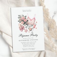 Plan a fabulous pajama party and / or lingerie bridal shower with this elegant and classy invitation featuring watercolor illustrations of a pink pj, a pink pair of slippers, a flute of champagne and a fabulous bouquet of pink roses. Simple and modern, it will accompany a future bride on her journey from ms to mrs. Unique Bridal Shower Ideas, Ms To Mrs, Lingerie Bridal Shower, Unique Bridal Shower Invites, Bouquet Of Pink Roses, Classy Invitations, Bridal Party Pajamas, Bridal Pajamas, Lingerie Bridal