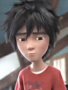 an animated boy with black hair and red shirt looking at something in front of him