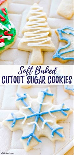 soft baked cutout sugar cookies with blue and white icing