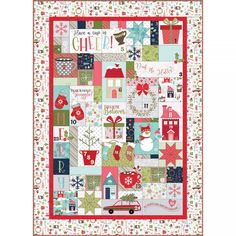 a christmas quilt with many different designs and words on the front, along with other holiday items