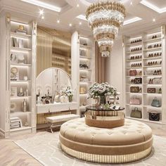 The Most Feminine and Opulent Walk-In Closets For A Luxury Home Grand Houses Interior, Beautiful Closets Luxe, Fancy Home Interior, French Mansion Living Room, Dressing Room Chandelier, Neo Classic Decor, Huge Closet Luxury, Mansion Inspo Bloxburg, Elegant Mansion Interiors