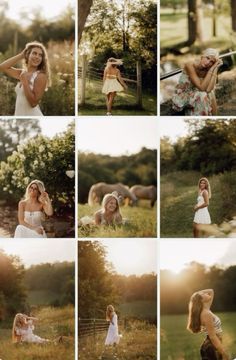 a collage of photos with women in white dresses and horses grazing on the grass