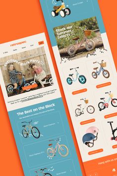 two different webpages with bicycles on the front and back pages, one for children's bikes