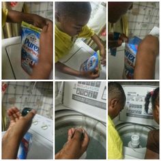 a man is washing his hands in front of the washer and doing something with it